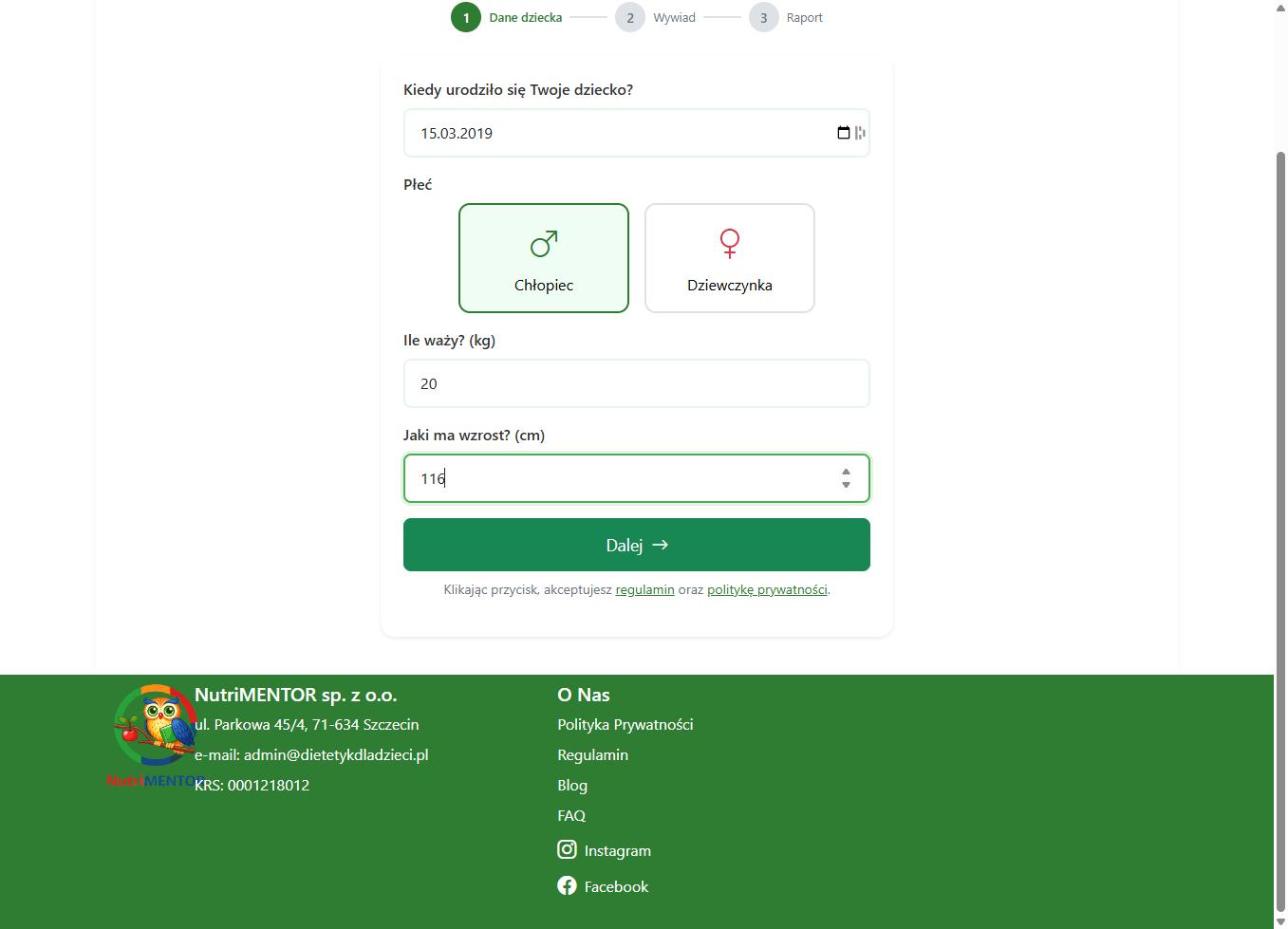 Strona startowa funkcji Sprawdź dietę - formularz krok 1 z danymi 6-letniego chłopca