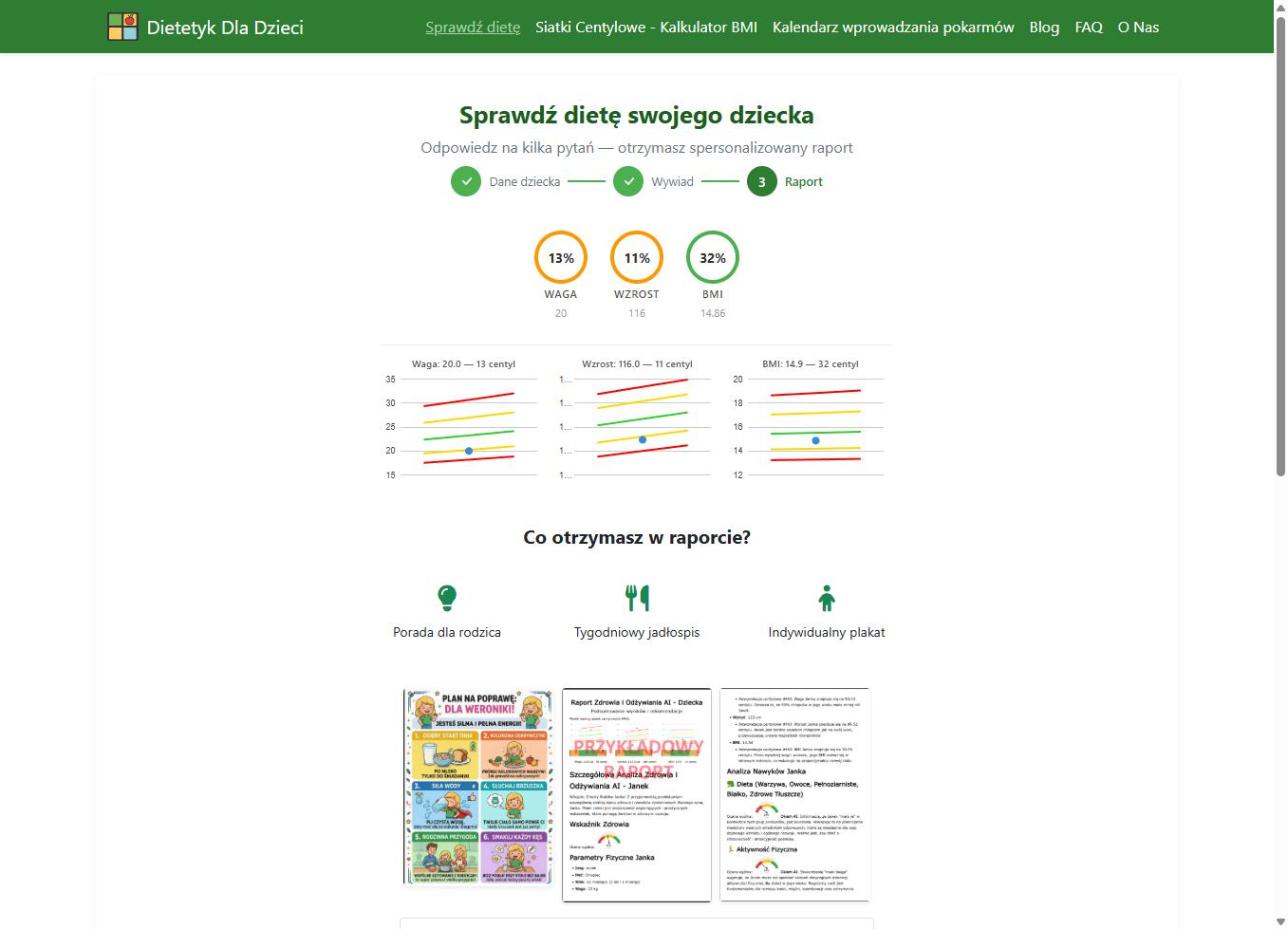Formularz narzędzia Sprawdź dietę na dietetykdladzieci.pl – krok 3 raport z siatkami centylowymi dla 6-letniego chłopca