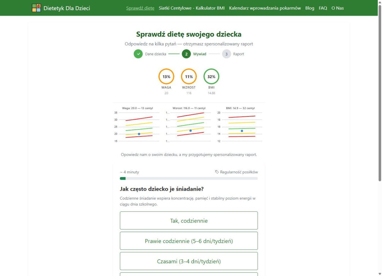 Krok 2 wywiadu - siatki centylowe i pierwsze pytanie o regularność śniadań