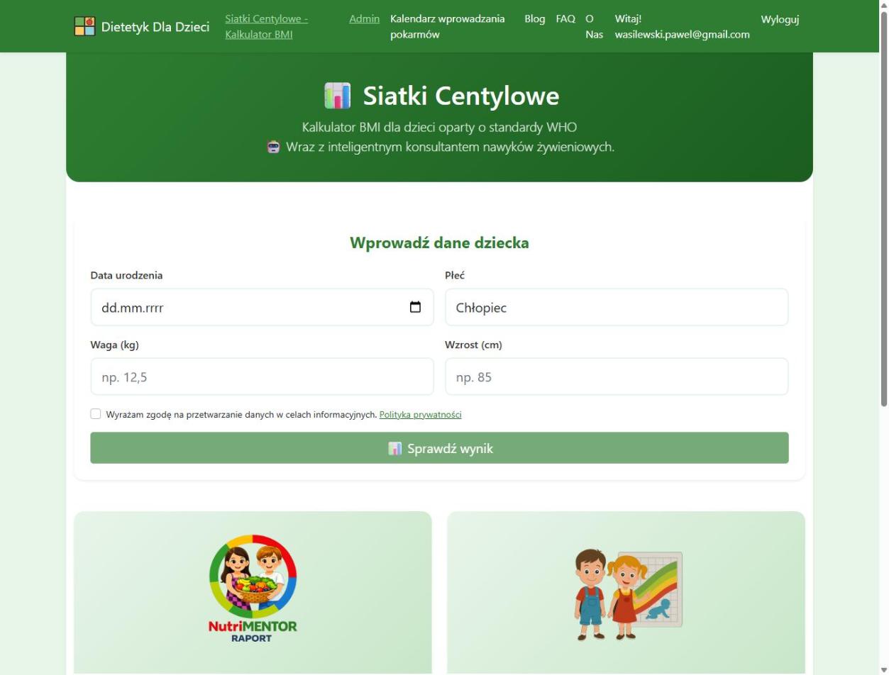 Formularz siatek centylowych – wpisz datę urodzenia, płeć, wagę i wzrost dziecka